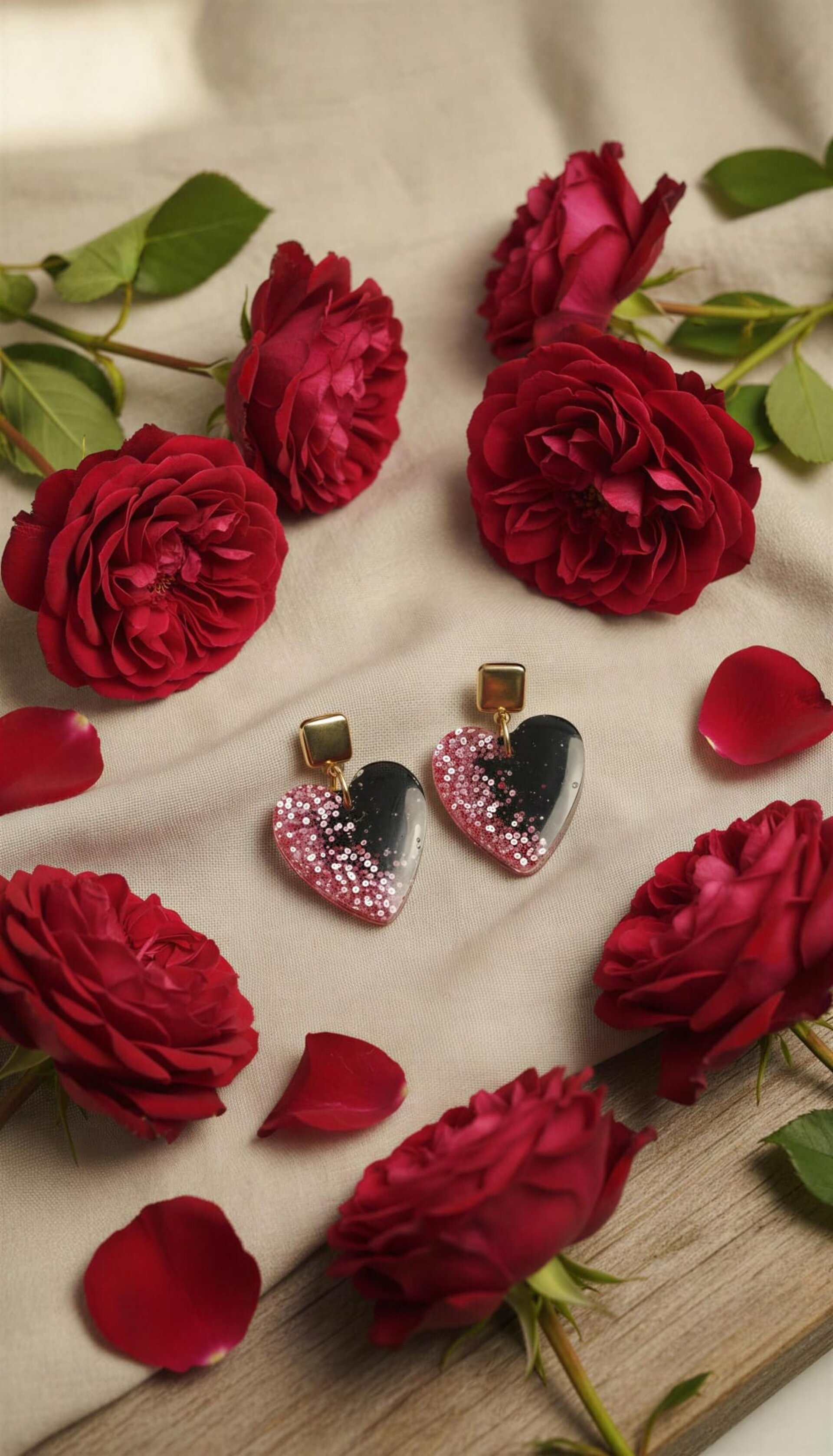 Pendientes de resina en forma de corazón rosa y negro - 3