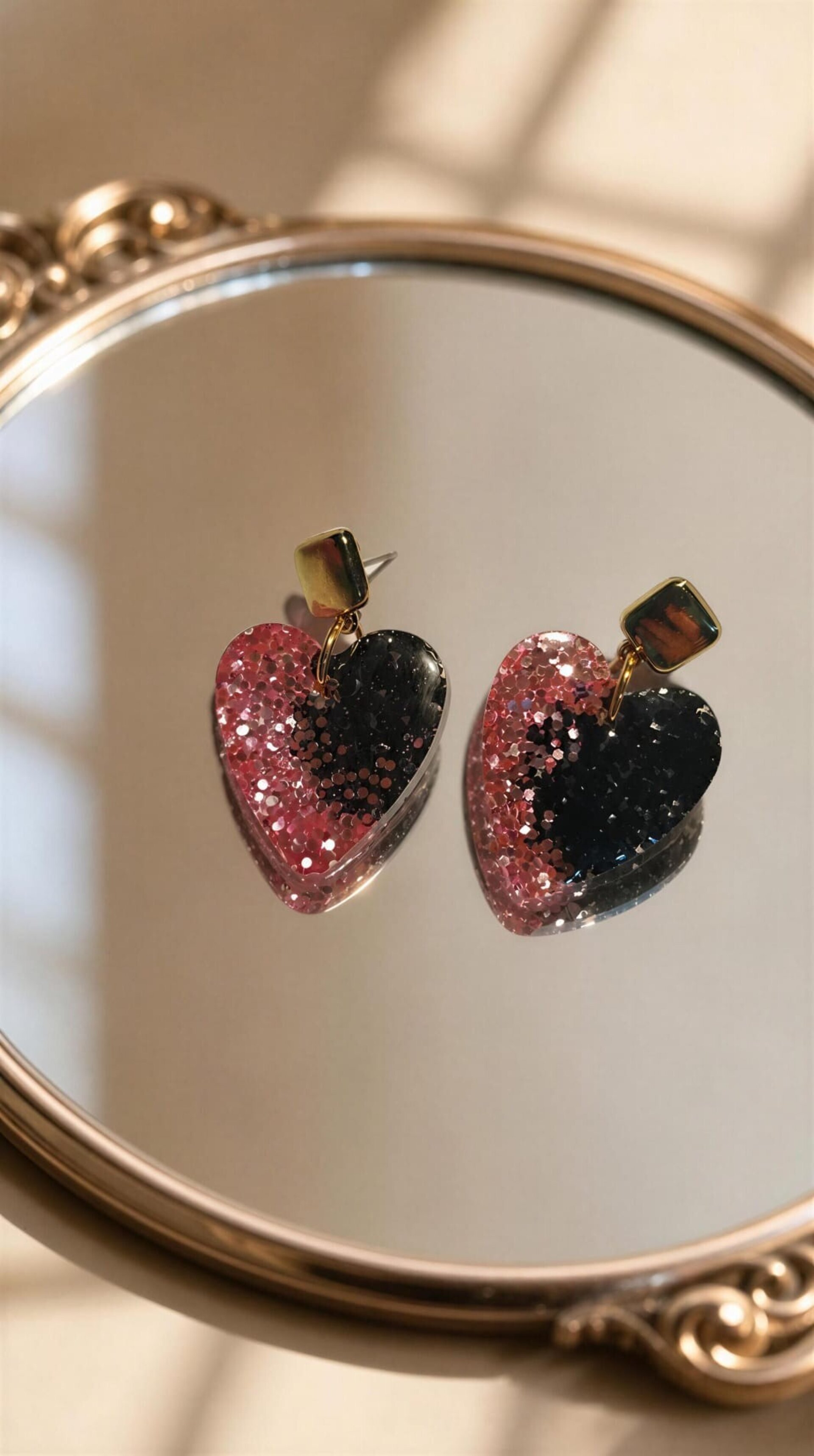 Pendientes de resina en forma de corazón rosa y negro - 9