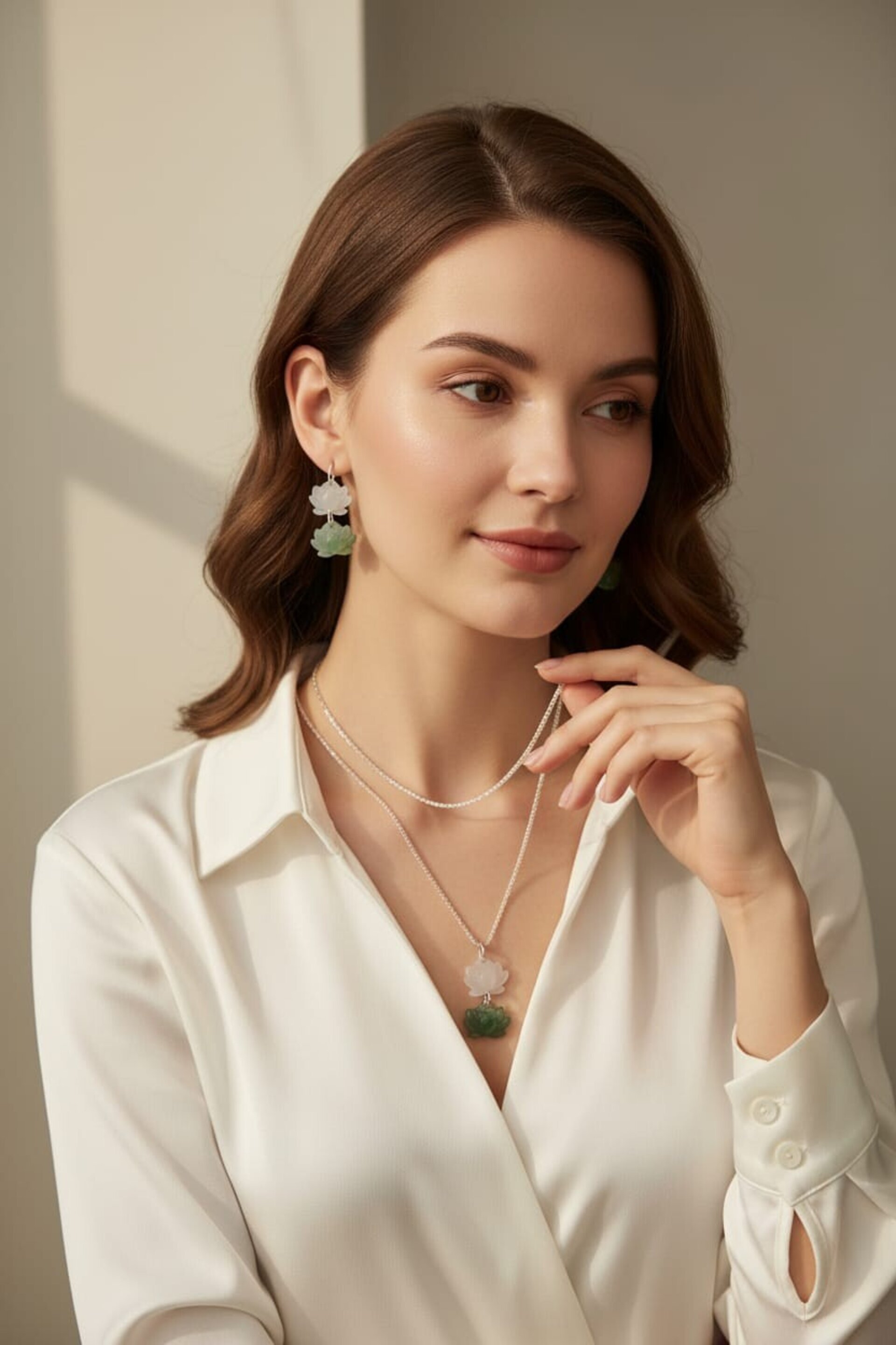 Conjunto de collar y pendientes de flores de loto blanca y verde - 6