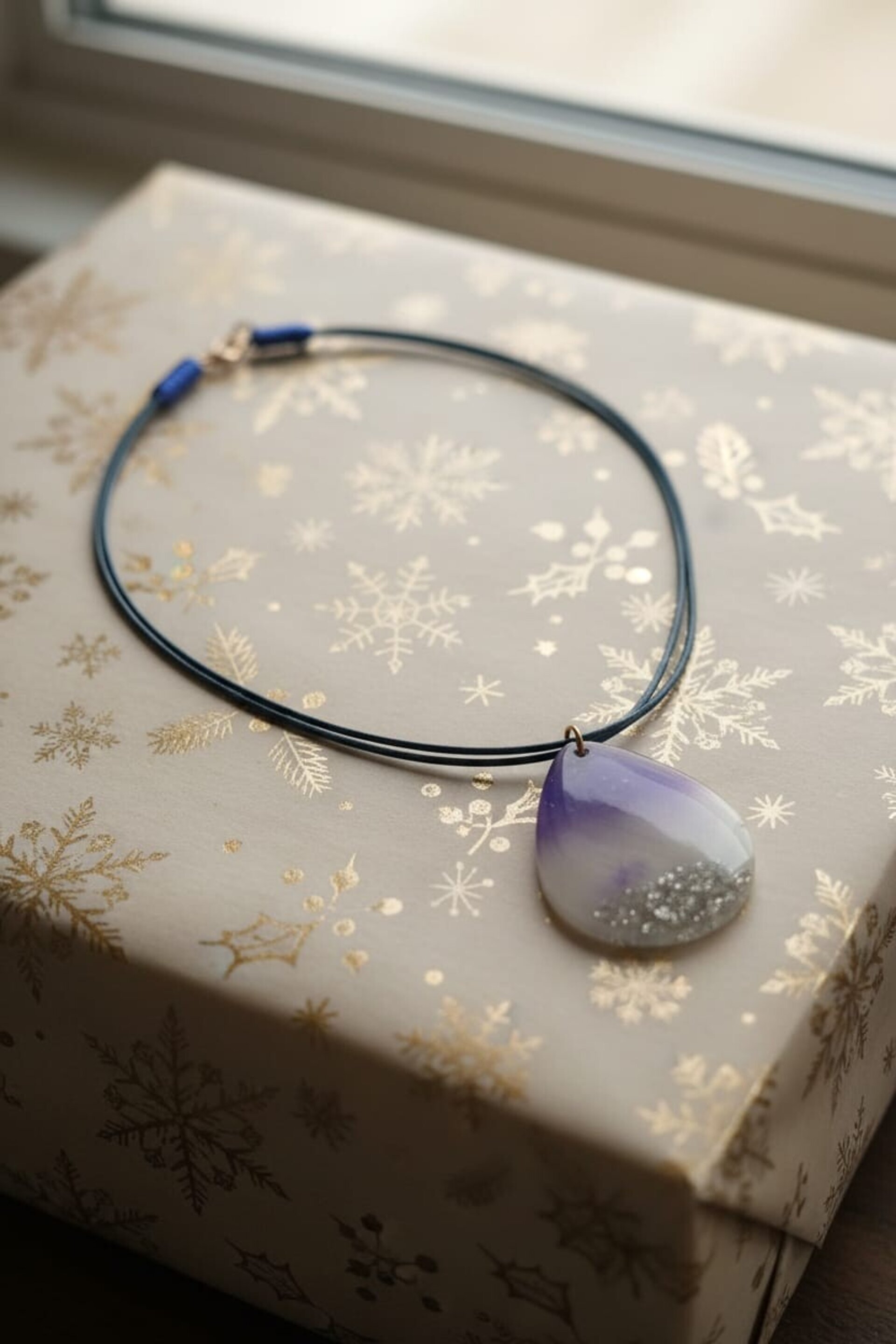 Collar con hilo encerado azul con lagrima de resina grande - 2