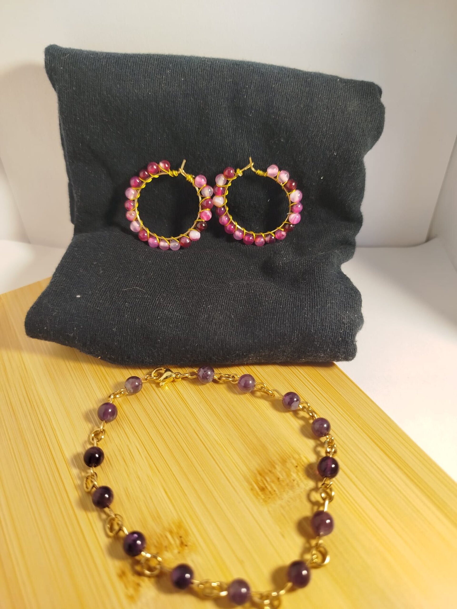 Conjunto de pulsera y pendientes de amatista piezas redondas - 2