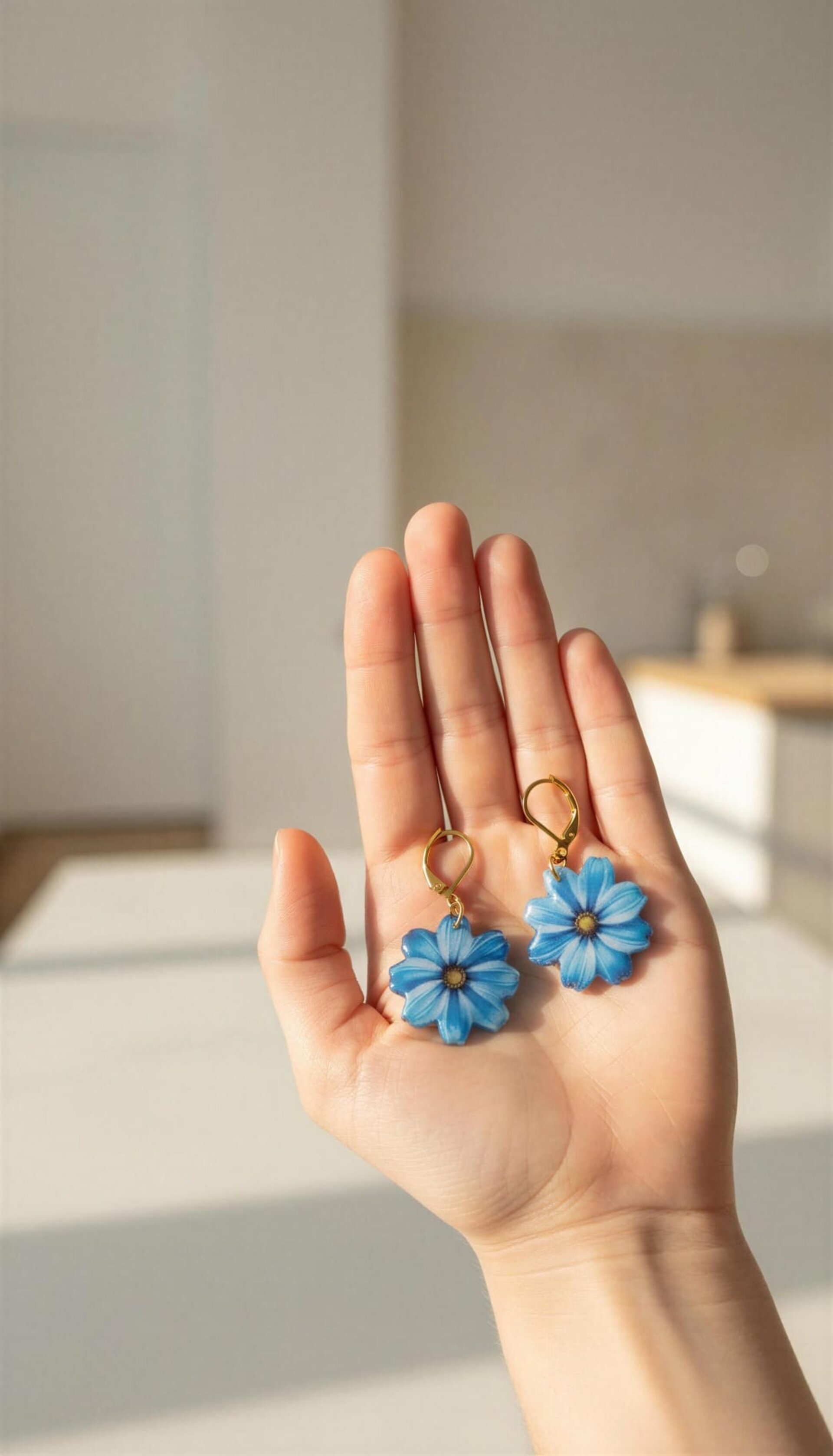 Pendientes margaritas azules cierre dorado - 7
