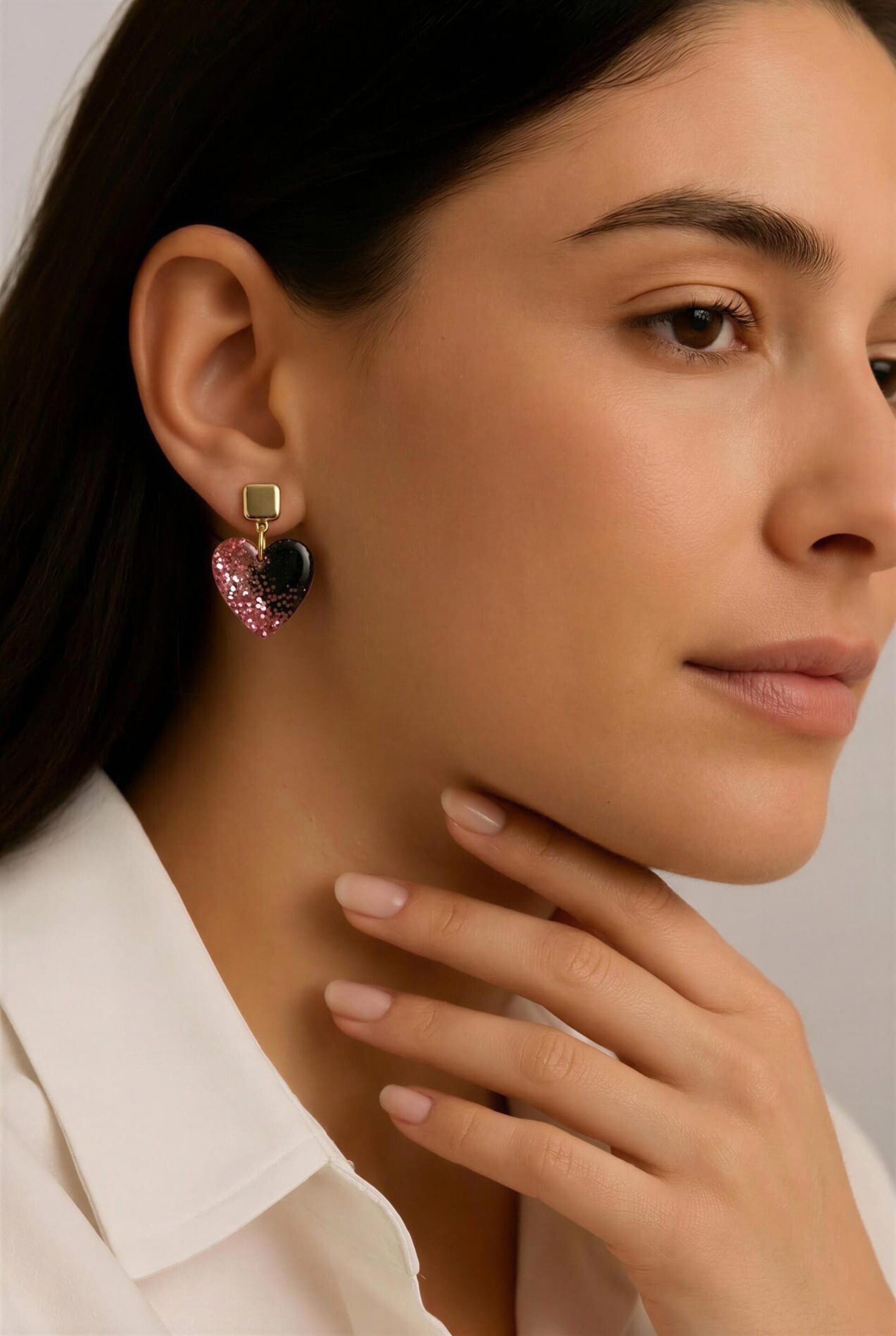 Pendientes de resina en forma de corazón rosa y negro - 8