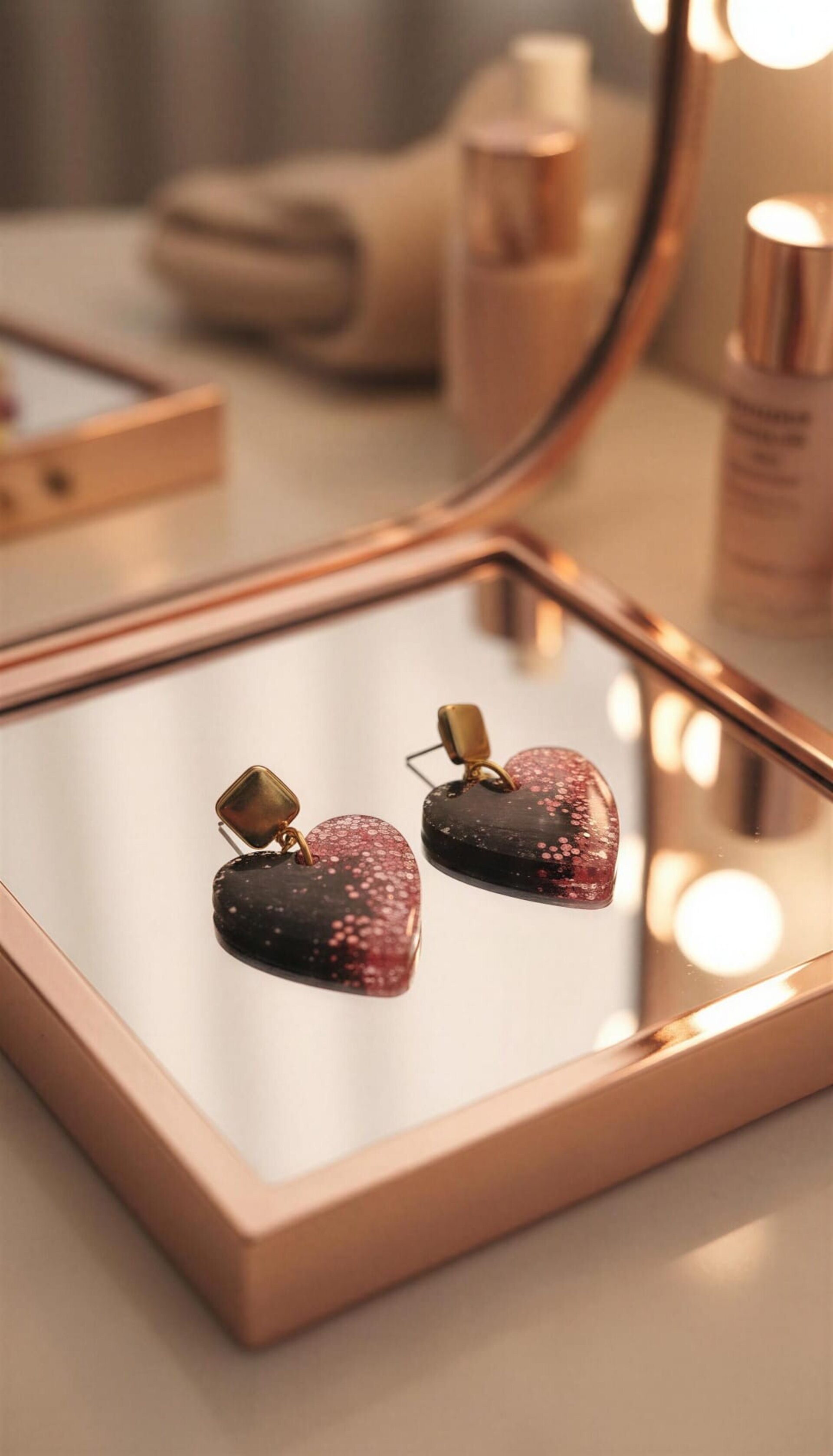 Pendientes de resina en forma de corazón rosa y negro - 4